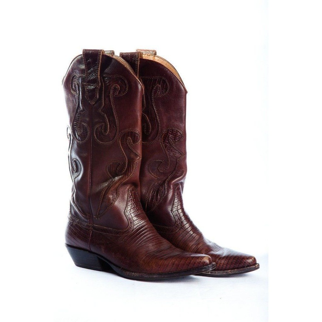 Vintage Cowboy Boots Nine West Women's Brown Leather Inlaid Pattern Size 5 Med